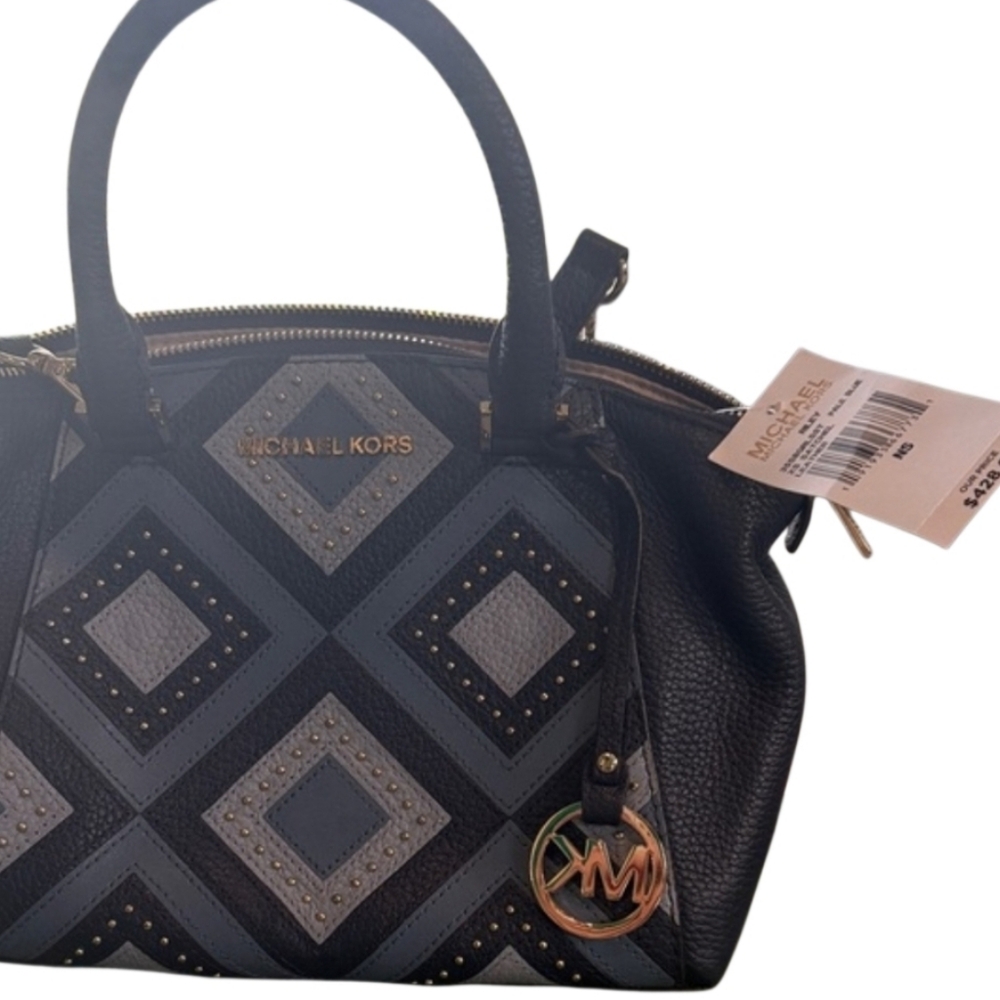 Like New Michael Kors Riley Blue Studded Patchwork Satchel - Picture 14 of 15